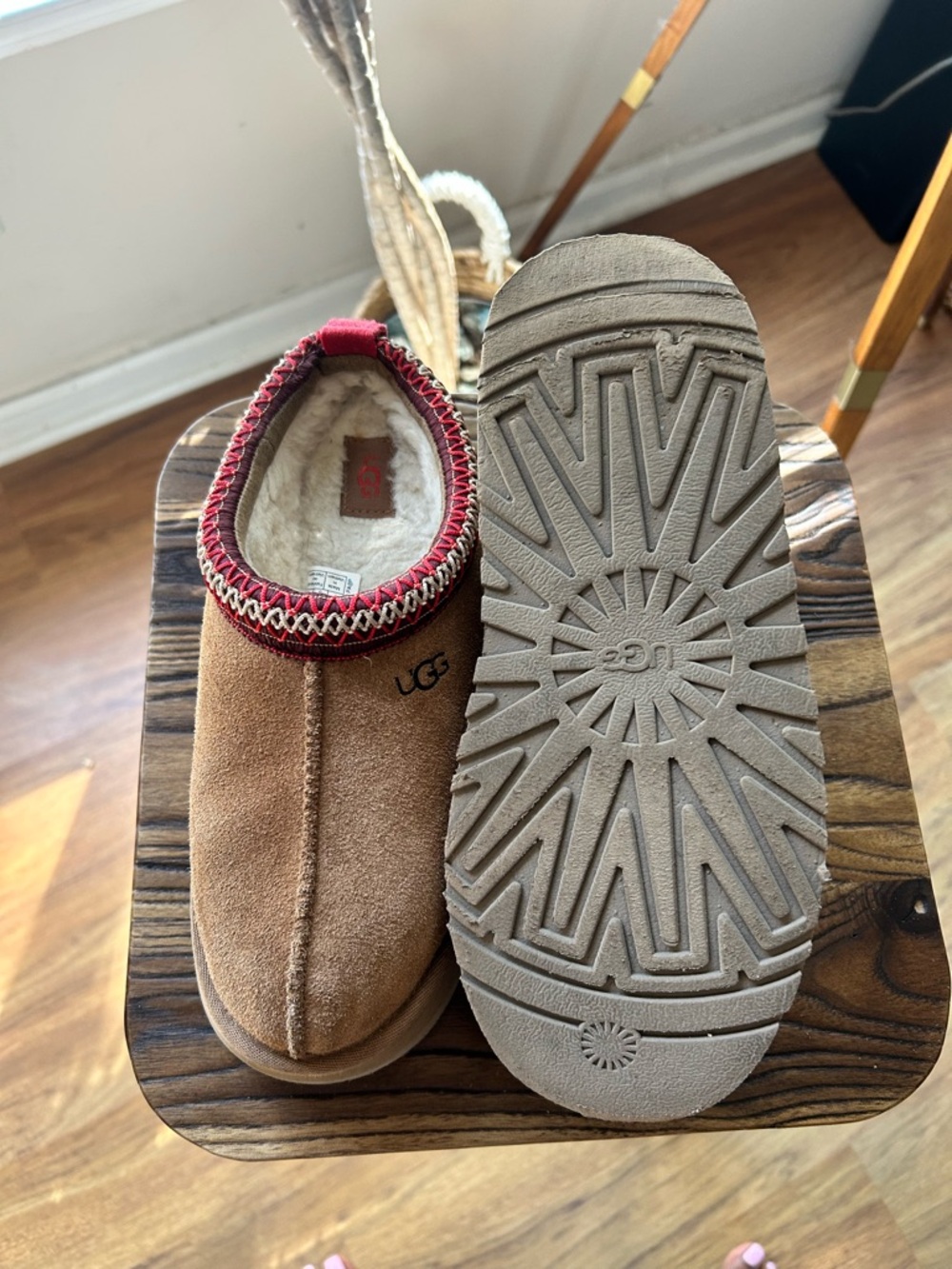 UGG Chestnut Suede Mules with Red Trim - Picture 4 of 6